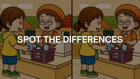 Spot the differences grocery shopping puzzle with 3 hidden changes