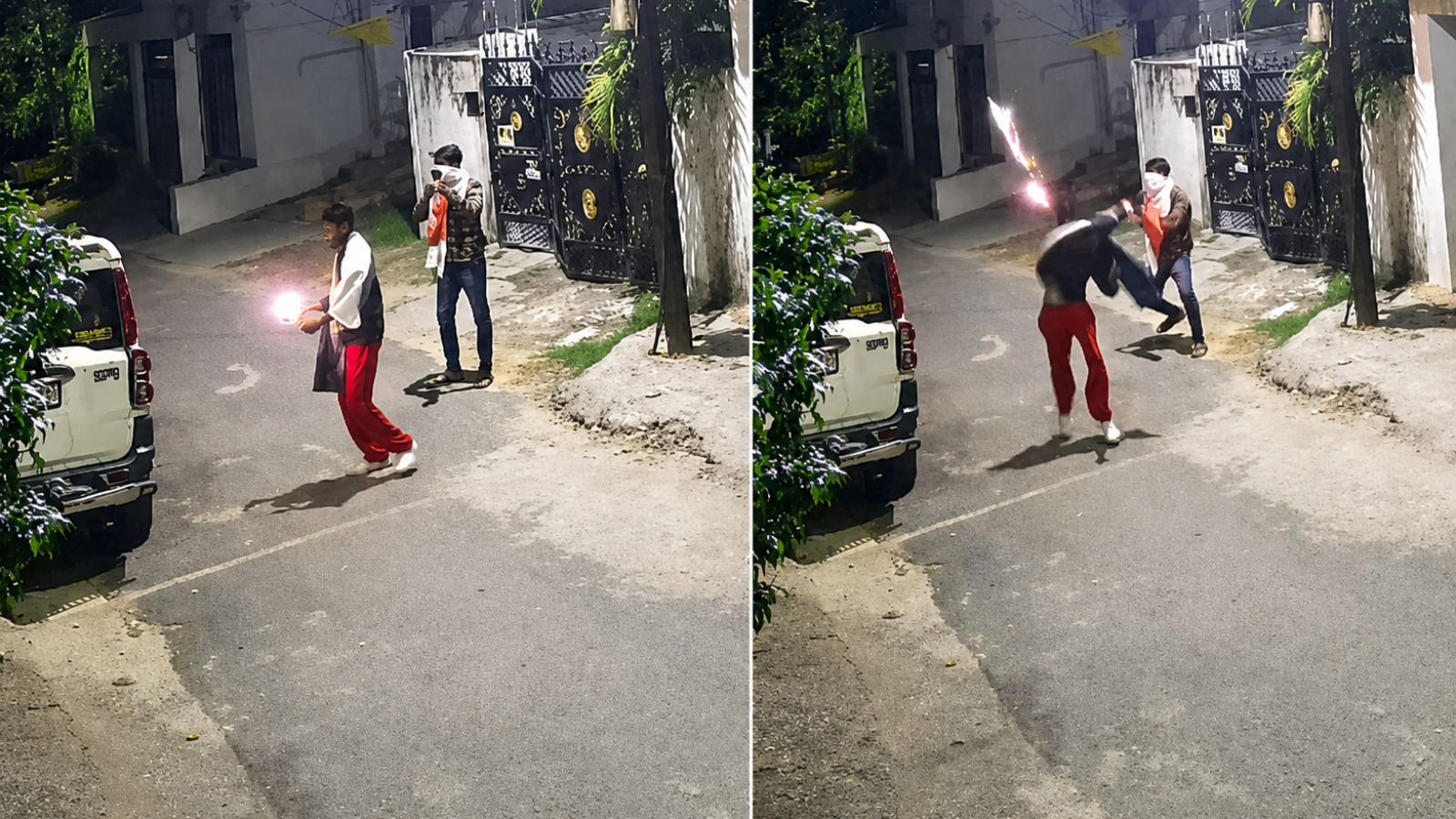 Two youth hurl petrol bombs at BJP RSS office, in Ranchi on Wednesday. (RSS Office/ANI Video Grab/ Enhanced using AI)
