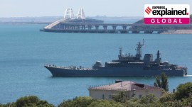 A Russian military ship transports cars and people from the Russian mainland to the Crimean Peninsula over the Kerch Strait on Monday, July 17, 2023. (AP Photo, File)