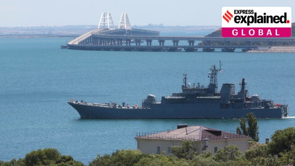 A Russian military ship transports cars and people from the Russian mainland to the Crimean Peninsula over the Kerch Strait on Monday, July 17, 2023. (AP Photo, File)