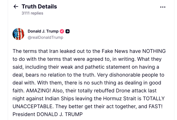 US President Donald Trump said Iran's leaked comments on a deal with the United States do not represent what has been agreed to in writing.