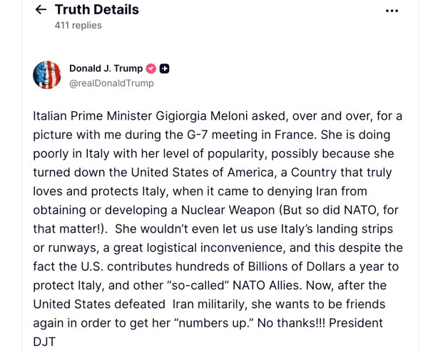 Donald Trump's remarks came a day after Meloni called his allegations "completely fabricated" and declared that "Italy and I do not beg".