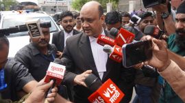 Special public prosecutor Ajay Misar speaking to media persons after the verdict in Pune minor girl's rape, murder case at the Shivajinagar Court. (Express Photo by Pavan Khengre)