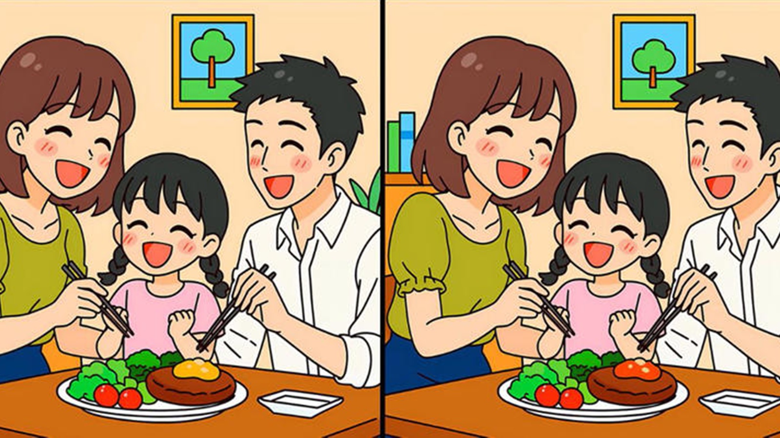 Can you spot all the differences in this family dinner scene within 20 seconds?