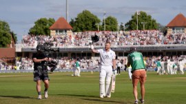 England's Ben Stokes walks off after being caught by New Zealand's Daryl Mitchell on day four of the Third cricket Test between England and New Zealand in Nottingham, England, Sunday, June 28, 2026. (Joe Giddens/PA via AP)