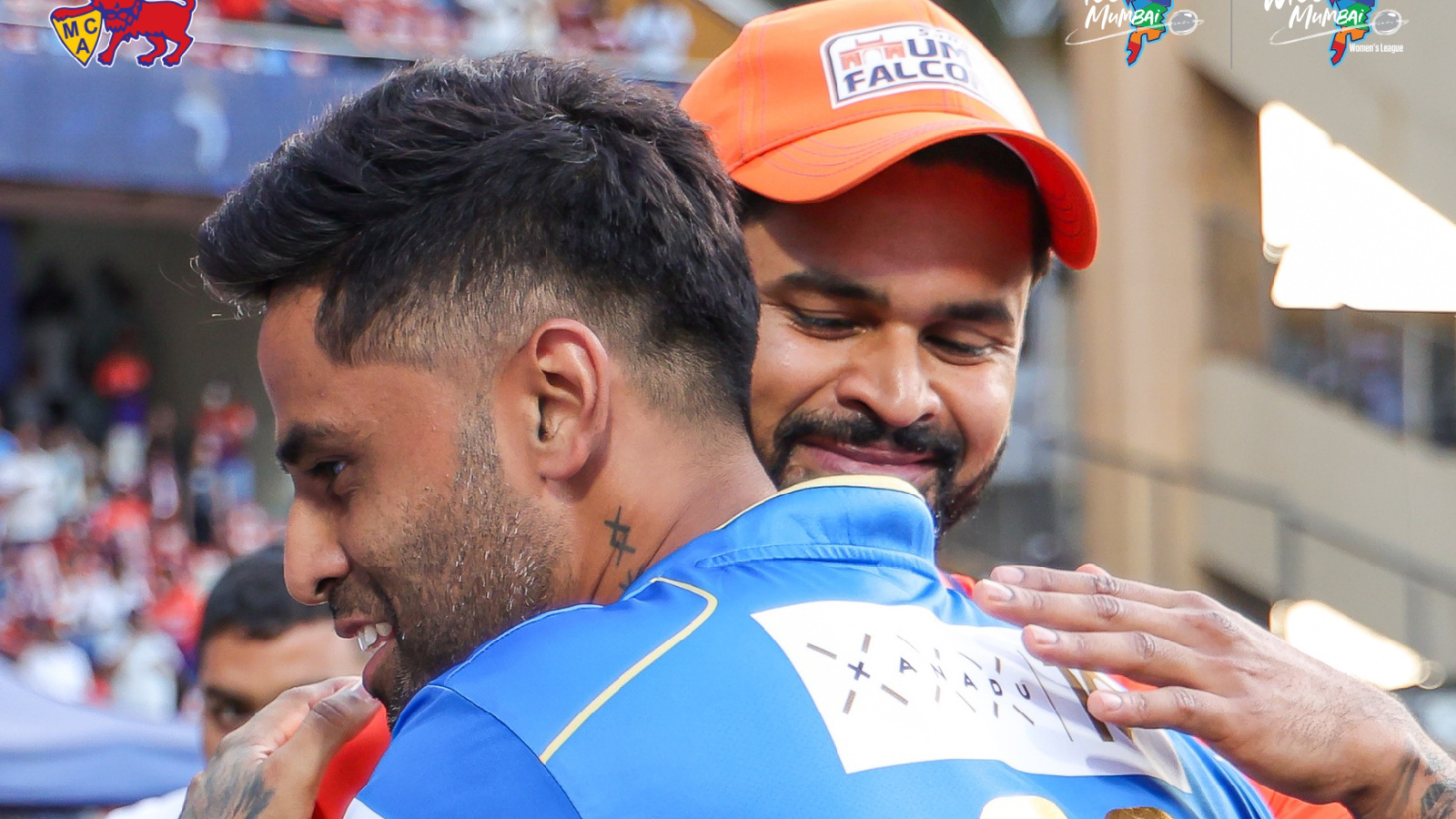 Suryakumar Yadav and Shreyas Iyer hug before a T20 Mumbai league fixture on Saturday. (X/T20 Mumbai)