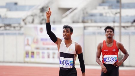 Tejas Shirse (C) clocked 13.27s in Ludhiana on Friday, lowering his own national record and booking his place at the Commonwealth Games