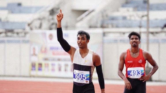 Tejas Shirse (C) clocked 13.27s in Ludhiana on Friday, lowering his own national record and booking his place at the Commonwealth Games