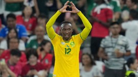 South Africa's Thapelo Maseko (12) celebrates after scoring his side's opening goal during the World Cup Group A soccer match between South Africa and South Korea in Guadalupe, near Monterrey, Mexico, Wednesday, June 24, 2026. (AP Photo)