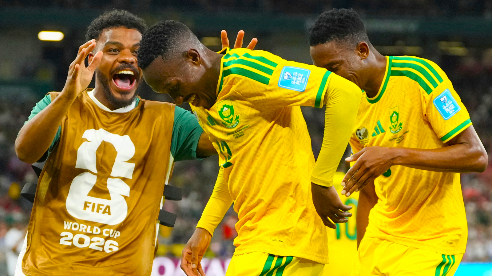 South Africa's Thapelo Maseko (12) celebrates after scoring his side's first goal during the World Cup Group A soccer match between South Africa and South Korea in Guadalupe, near Monterrey, Mexico, Wednesday, June 24, 2026. (AP Photo)