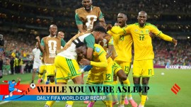 South Africa's Thapelo Maseko (12) celebrates after scoring his side's first goal during the World Cup Group A match against South Korea. (AP Photo)
