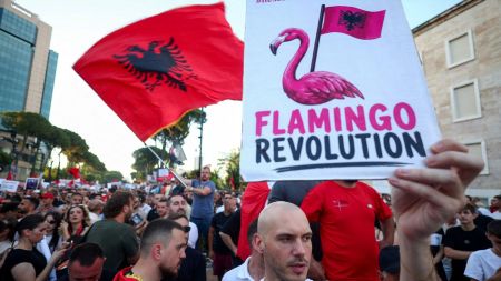 A demonstrator holds a placard with a flamingo during a protest against a luxury resort, a plan by a company linked to U.S. President Donald Trumps son-in-law, Jared Kushner, on an environmentally sensitive part of the Adriatic coast, in Tirana, Albania, June 8, 2026. (Photo: REUTERS)
