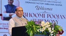 Defence Minister Rajnath Singh addresses the Bhoomi Pujan ceremony for a 10,000-ton Aluminium Extrusion Press at Yantra India Limited's Ordnance Factory Ambajhari unit in Nagpur on Friday. The project aims to strengthen indigenous defence manufacturing and reduce reliance on imports. (X Photo)
