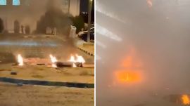 Debris lies on the floor as fire burns in the background, in the aftermath of Iranian strikes, according to the foreign ministry, at Kuwait International Airport in Kuwait City, Kuwait, June 3, 2026. (Reuters)