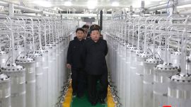 Korean Central News Agency (KCNA) published photographs of Kim walking through narrow aisles edged by dense rows of silver tubes and pipes - consistent with the appearance of a centrifuge hall used in uranium enrichment. (AP Photo)
