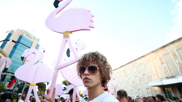 A demonstrator looks on during a protest against a luxury resort, a plan by a company linked to U.S. President Donald Trumps son-in-law, Jared Kushner, on an environmentally sensitive part of the Adriatic coast, in Tirana, Albania, June 8, 2026. REUTERS/Florion Goga