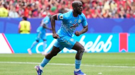 Congo's Yoane Wissa, center, celebrates after scoring his side's first goal during the World Cup Group K soccer match between Portugal and Congo in Houston, Wednesday, June 17, 2026. (AP Photo/Ashley Landis)