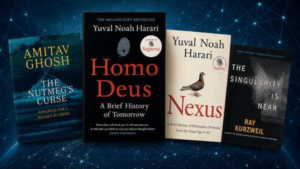 The covers of Yuval Noah Harari's Nexus and Homo Deus, along with Ray Kurzweil's The Singularity Is Near, and Amitav Ghosh's The nutmeg's Curse 