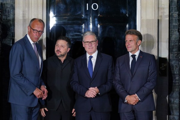 UK Prime Minister Keir Starmer, France’s President Emmanuel Macron, Ukraine’s President Volodymyr Zelenskyy, and Germany’s Chancellor Friedrich Merz pose on the doorstep of 10 Downing Street after their meeting in London. (AP)
