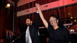 New York City Mayor Zohran Mamdani, celebrates with Democratic congressional candidate Darializa Avila Chevalier during an election night watch party Tuesday, June 23, 2026, in New York. (AP Photo)