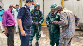 National Disaster Response Force (NDRF) personnel arrive at a seafood export unit following an ammonia gas leak, in Manjangaranai, Thiruvallur district, Tamil Nadu. (PTI Photo)