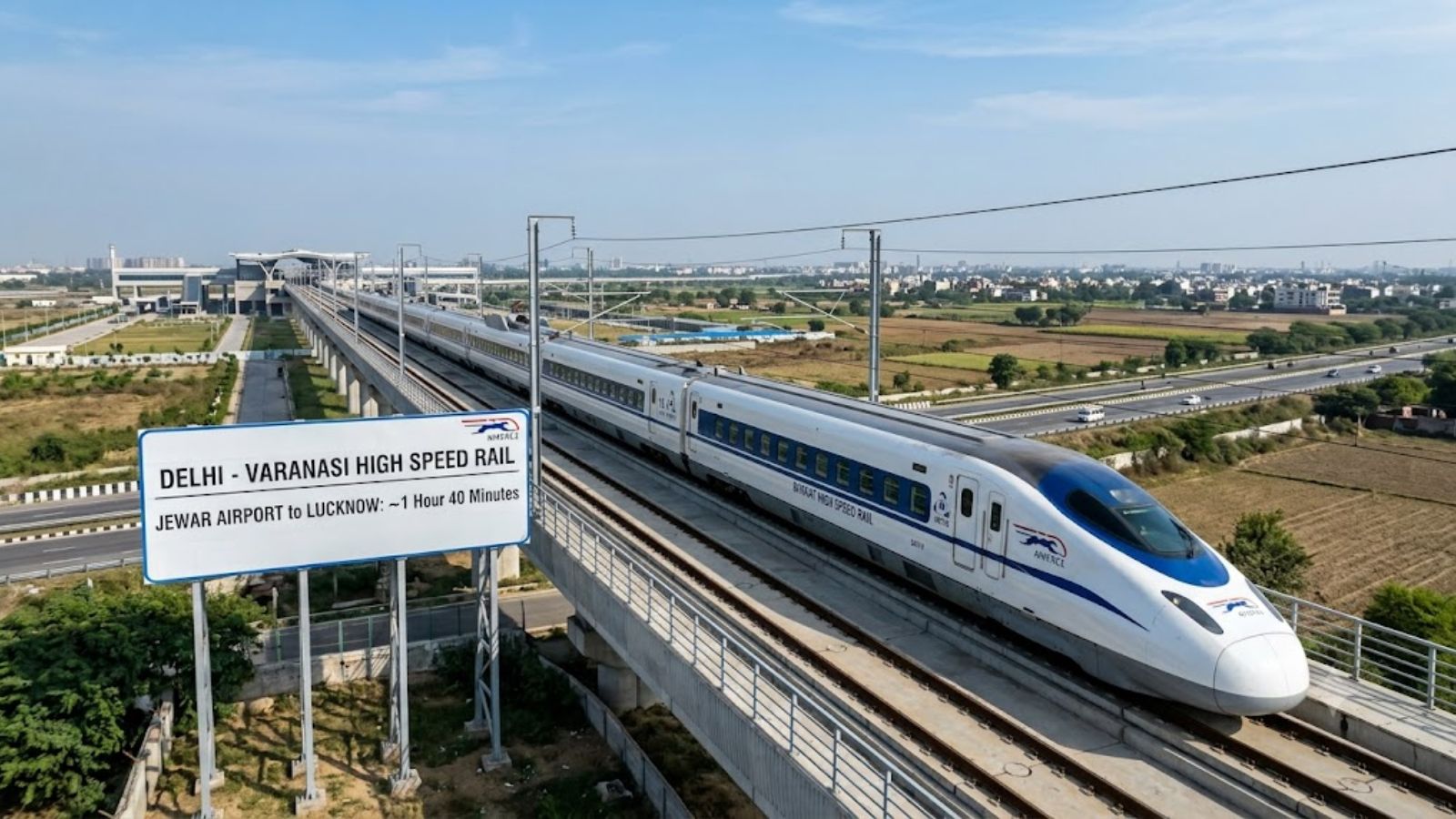 The proposed Delhi-Varanasi bullet train corridor is expected to cut travel time between Jewar and Lucknow to just 100 minutes. (Image generated using AI)