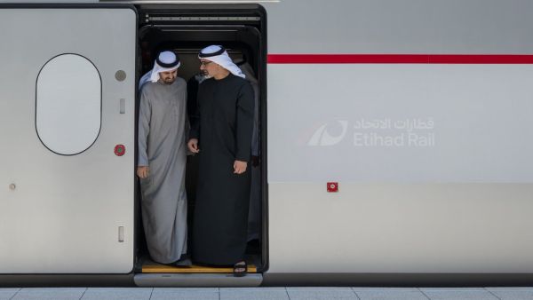 Sheikh Khaled bin Mohamed bin Zayed Al Nahyan, Crown Prince of Abu Dhabi and Chairman of the Abu Dhabi Executive Council on passenger train. (Image: Etihad Rail)