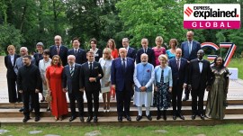 Global leaders pose for a family photograph during a gala dinner as part of the G7 summit, in Evian-les-Bains, France, June 16.
