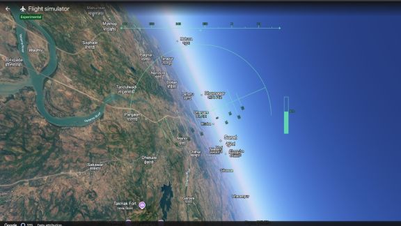 Google Earth's flight simulator is now available through web browsers, allowing users to explore cities, landmarks and landscapes from the cockpit of a virtual aircraft. (Image: Google Earth)