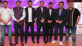 League commissioner Gourav Rakshit (centre) with representatives of all the six teams during the GCL 4 Draft in Mumbai on Monday. (Photo: GCL)