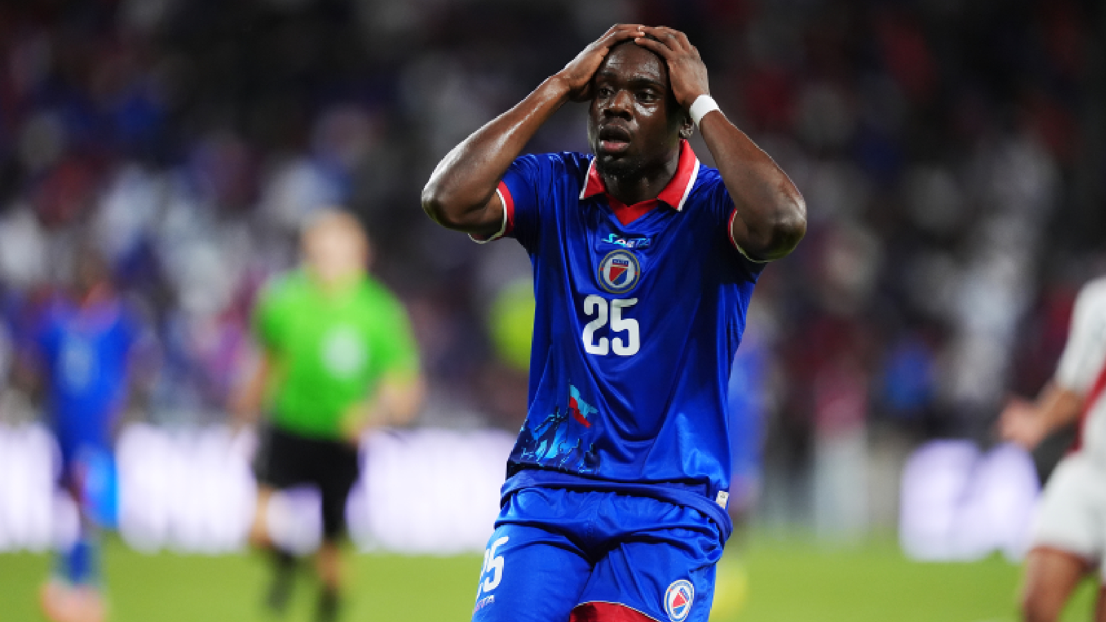 Haiti midfielder Dominique Simon reacts following an unsuccessful scoring attempt during the second half of an international friendly soccer match against Peru, Friday, June 5, 2026, in Miami. (AP Photo)