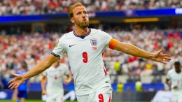 England's Harry Kane (9) celebrates after scoring a goal during the World Cup Group L soccer match between England and Croatia in Arlington, Texas, near Dallas, Wednesday, June 17, 2026. (AP Photo)