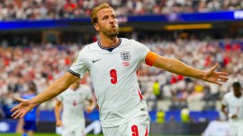 England's Harry Kane (9) celebrates after scoring a goal during the World Cup Group L soccer match between England and Croatia in Arlington, Texas, near Dallas, Wednesday, June 17, 2026. (AP Photo)