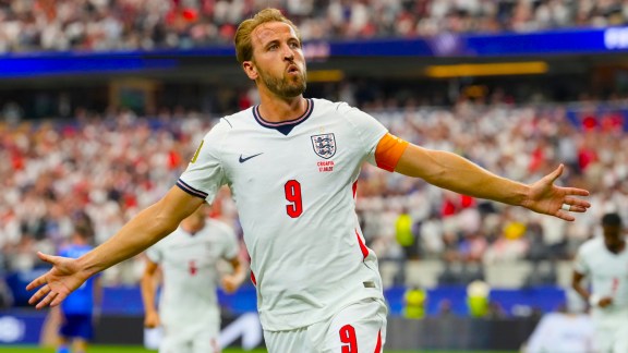 England's Harry Kane (9) celebrates after scoring a goal during the World Cup Group L soccer match between England and Croatia in Arlington, Texas, near Dallas, Wednesday, June 17, 2026. (AP Photo)