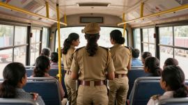 female police personnel in buses, Delhi