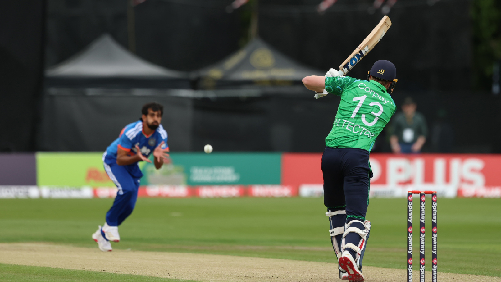 Ireland's Harry Tector, right, bats during the second T20 match between Ireland and India in Belfast, Ireland. (PA via AP)