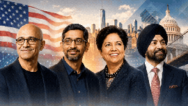 Satya Nadella, Sundar Pichai, Indra Nooyi and Ajay Banga—four Indian-origin leaders who have helped shape Corporate America across technology, consumer goods, finance and global development. (AI-generated image)