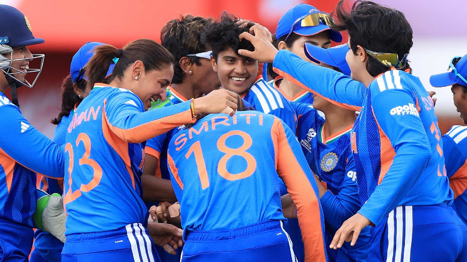 India's Shree Charani celebrates bowling and catching out South Africa's Laura Wolvaardt during the ICC Women's T20 World Cup match between India and South Africa, at Emirates Old Trafford, Manchester, England, Sunday June 21, 2026. (Nigel French/PA via AP)