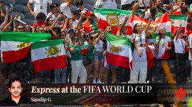 Fans of Iran display pre-revolutionary Iranian flags at the end of the World Cup Group G soccer match between Belgium and Iran in Inglewood, Calif., near Los Angeles, Sunday, June 21, 2026. (AP Photo)