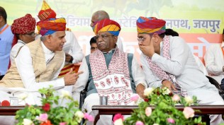 BJP Kisan Morcha event, Rajasthan Gujarat Governors BJP event, Haribhau Bagade Acharya Devvrat Jaipur, Govind Singh Dotasra murder of democracy, BJP Kisan Morcha natural farming workshop, Chief Minister Bhajan Lal Sharma, Minister Kirodi Lal Meena controversy, Rajasthan State Seeds Corporation extortion FIR, Governor constitutional propriety violation, Kalraj Mishra Model Code of Conduct, Hamza Khan, Indian Express Jaipur politics