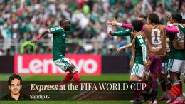 Mexico's Julian Quinones runs to his teammates after scoring the first goal of the 2026 FIFA World Cup. (AP Photo)