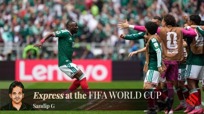 Mexico's Julian Quinones runs to his teammates after scoring the first goal of the 2026 FIFA World Cup. (AP Photo)