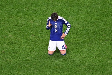 Japan's Daichi Kamada points to the sky after the World Cup Group F match against the Netherlands. (AP Photo)