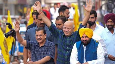 AAP leaders during a roadshow in Bhatinda