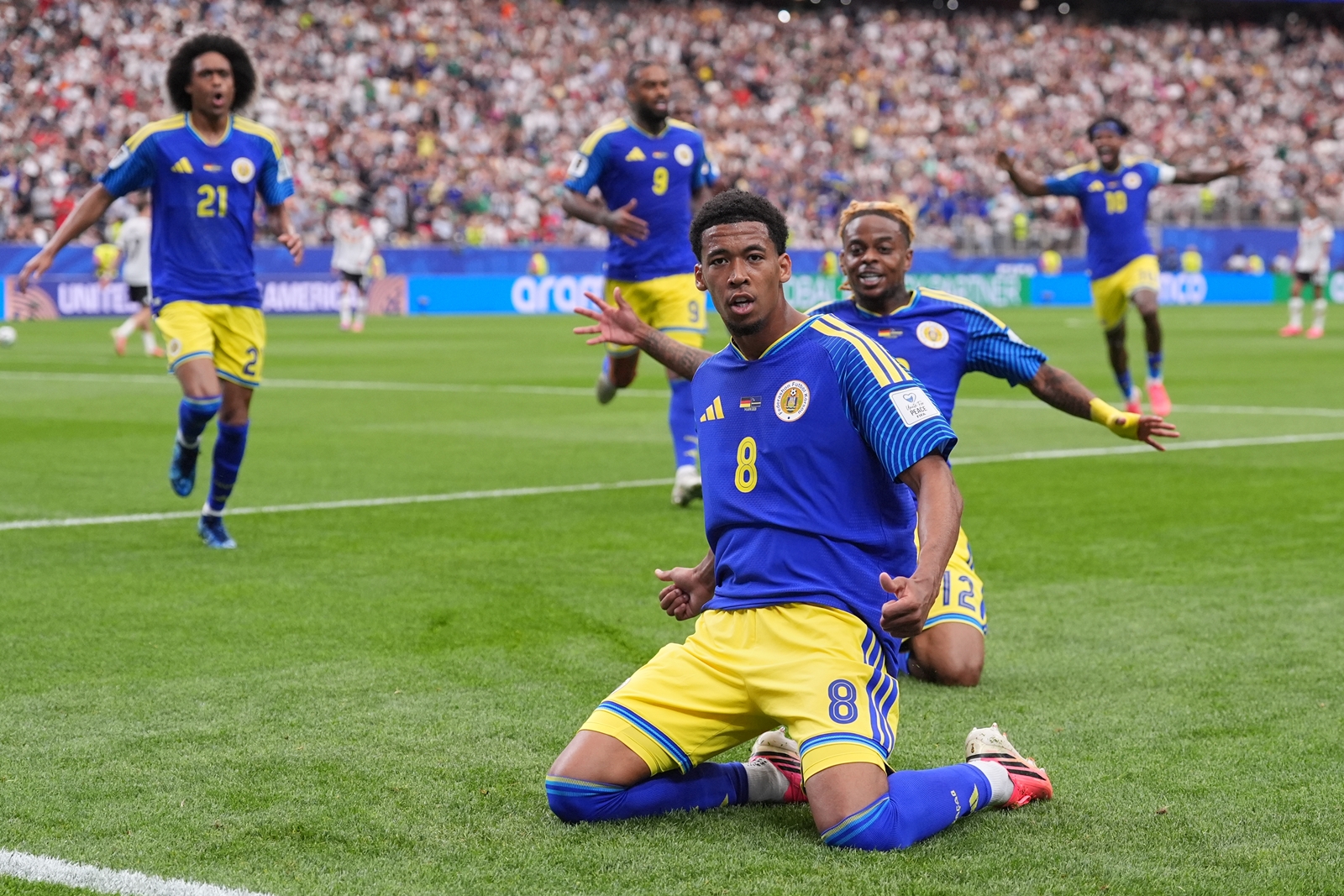 Livano Comenencia celebrates after scoring for Curacao during their World Cup Group E match against Germany. (AP Photo)