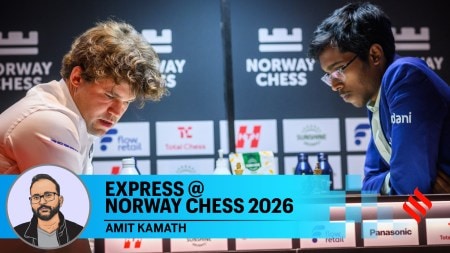 World No 1 Magnus Carlsen reacts during his round 8 game at Norway Chess against India's P Praggnanandhaa. (Photo: Michal Walusza / Norway Chess)