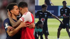 (left) Marquinhos consoling Gabriel after the Champions League final; (right) Marquinhos and Gabriel at training for Brazil in the days leading up to the 2026 FIFA World Cup (AP Photo)
