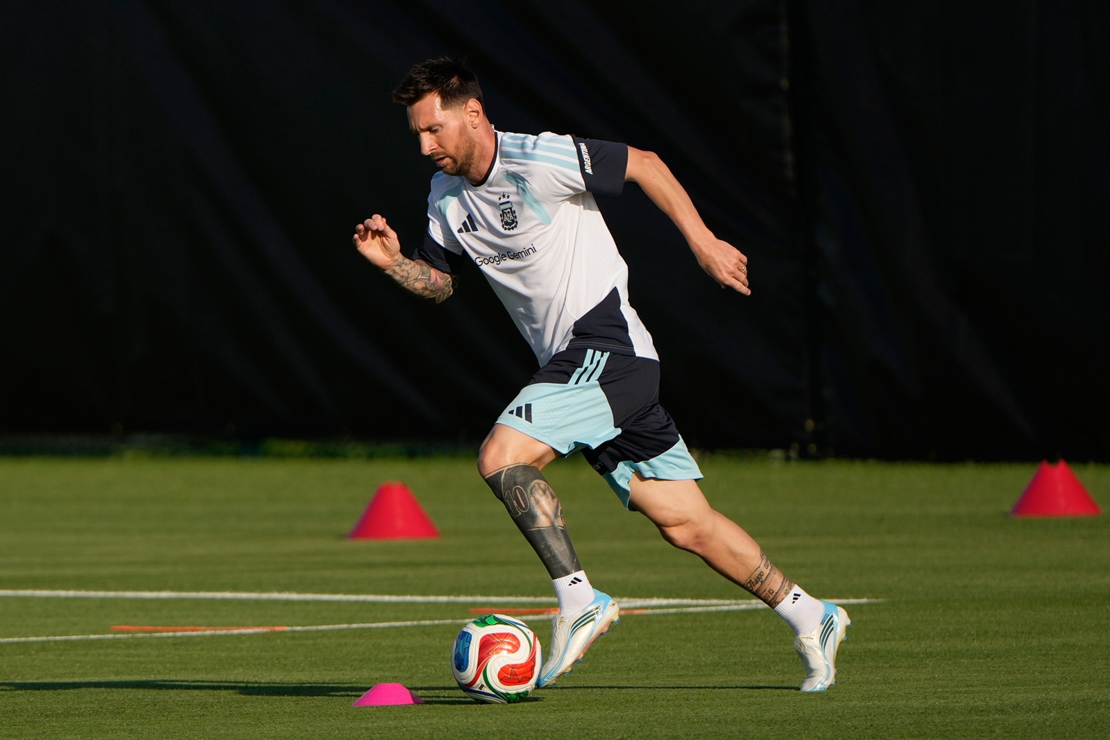 Lionel Messi during practice for the FIFA World Cup in Kansas City. (AP Photo)