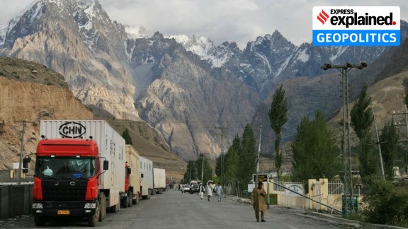 Cargo trucks from China in the town of Sost, Pakistan, on the Karakoram Highway.
