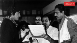 Raaj Kumar, Mehul Kumar and Om Puri on the sets of Marte Dam Tak